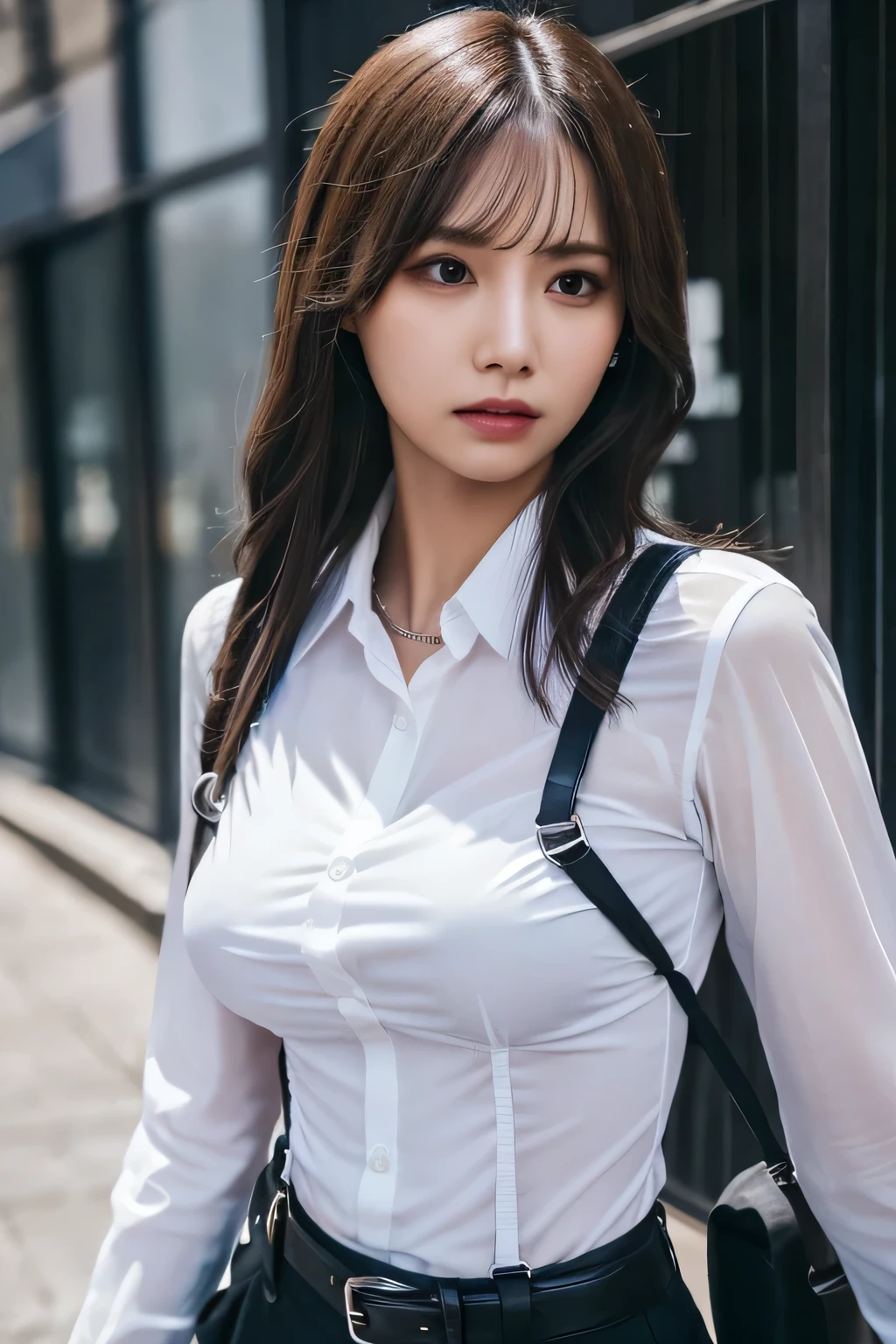 a woman in a suit, belt, hands behind back, sweating, suspenders, black pants, sexly, large breasts, see-through clothing, rain, detective, office worker, white button-up shirt, (best quality,4K,8k,highres,masterpiece:1.2),ultra-detailed,(realistic,photorealistic,photo-realistic:1.37),hyper-detailed,highly detailed face and body, Slender thin suspenders Moderate breasts See-through shirt Nipples holster chain Pistol Armament criminal Female criminal knife