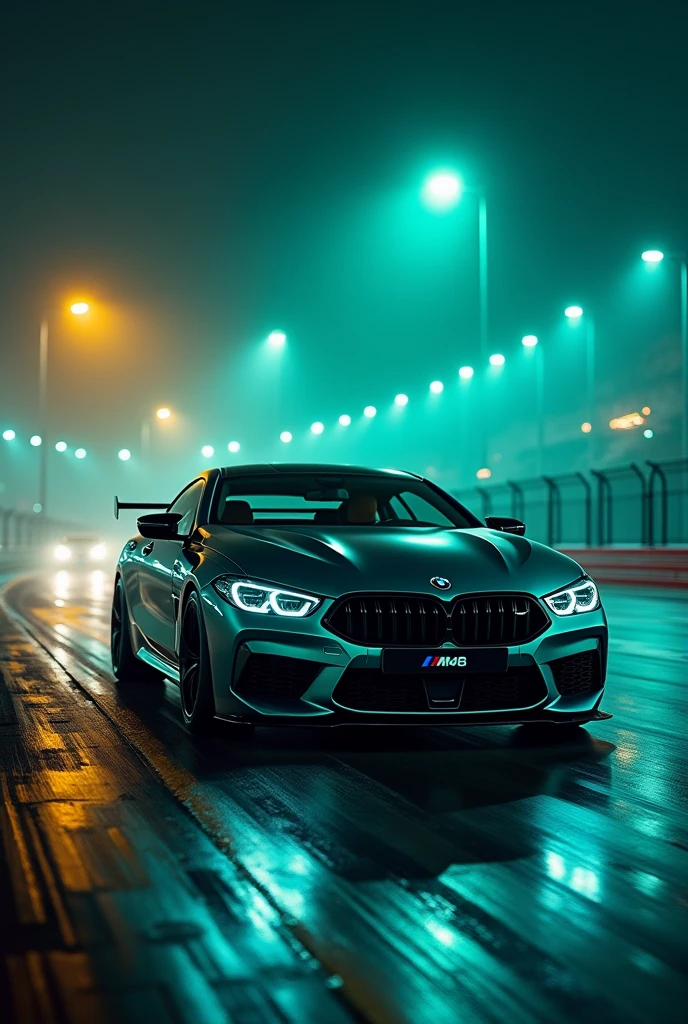 A BMW M8 Competition series on race track at the night with neon punk yellow and green light in 1080p