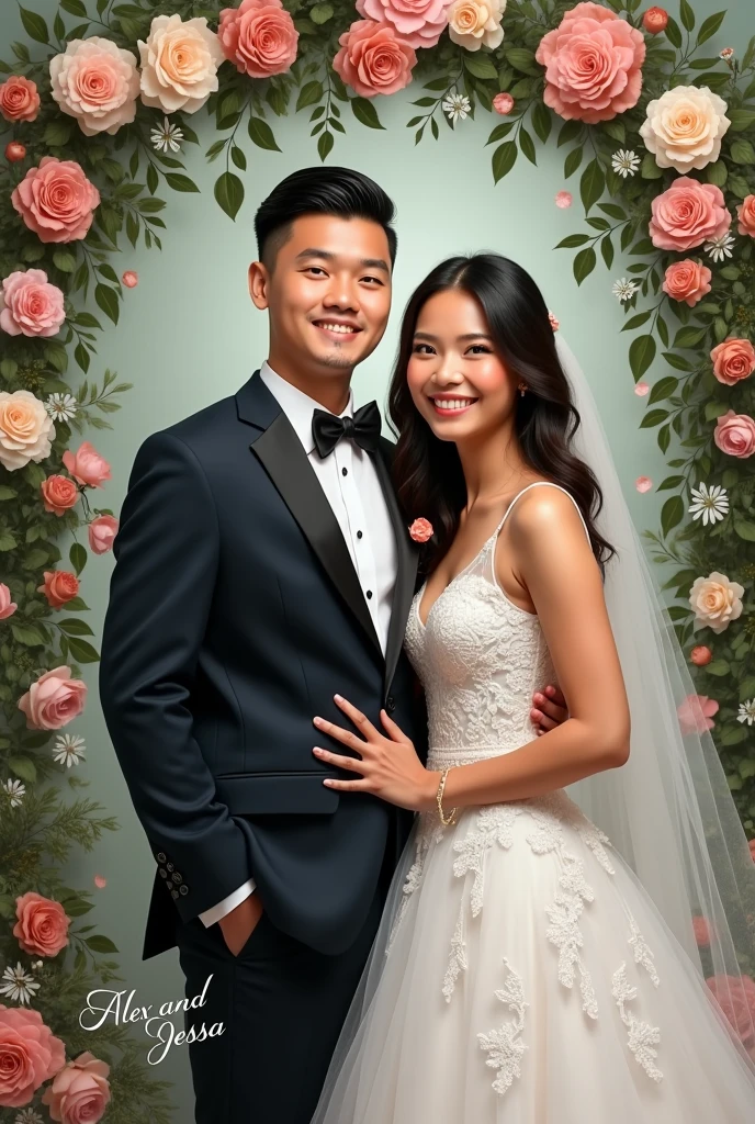Realistic pinoy couple say cheese wearing wedding with background arounding flowers with name write 'Alex and jessa'