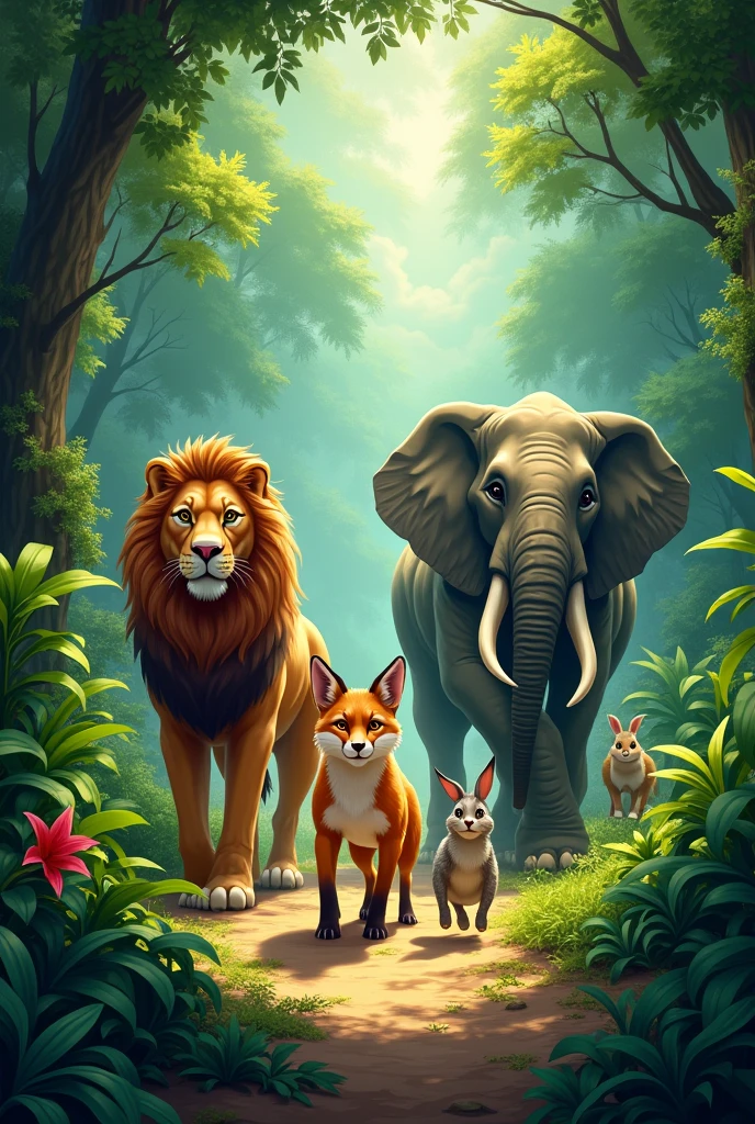  A dense, vibrant jungle with various animals like a lion, fox, elephant, and rabbit living peacefully.
