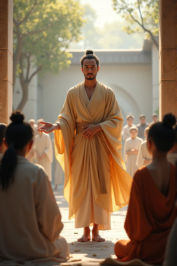 The now enlightened young man teaching others in a setting resembling a school or open space.
Details: The young man, now confident and wise, surrounded by students or followers.
