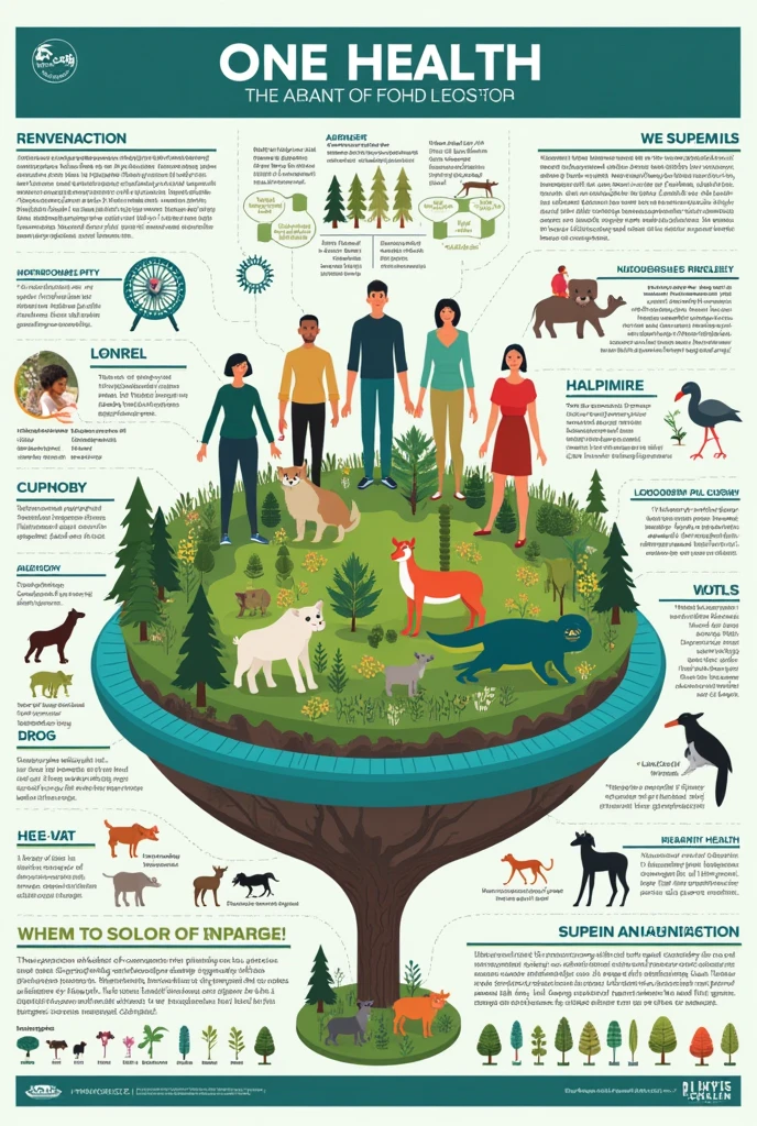 A poster about one health, with comprehensive information. Please include description words in British English.