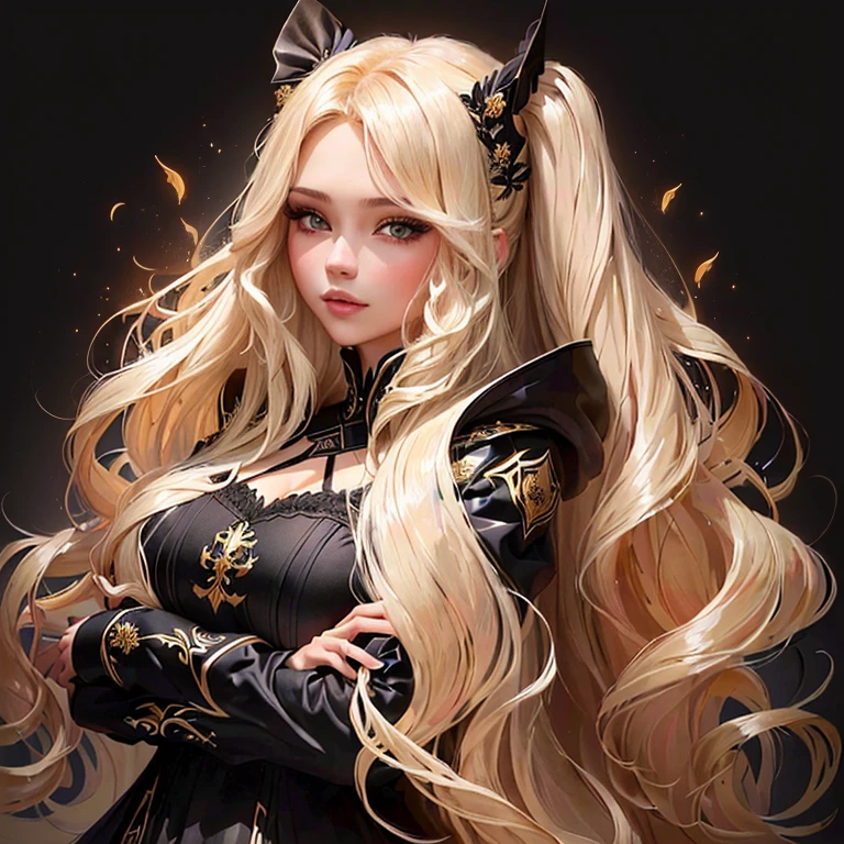a close up of a woman with long blonДe hair wearing a black Дress, karol bak uhД, Роберто Ферри, Девушка с белыми волосами, a girl with blonДe hair, стиль Кароля Бака, exquisite Дigital illustration, ДetaileД face with reД lips, Мартин Ансин произведение искусства портрет, картина прекрасного, curly blonДe hair | Д & Д