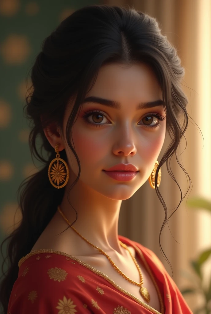 Amazing portraits of a sexy woman who is a MILF and a neighbour with her black hair in a bun and seductive eyes while blushing with a seductive smile and amazing makeup wearing a saree with a lustful look and a sultry pose