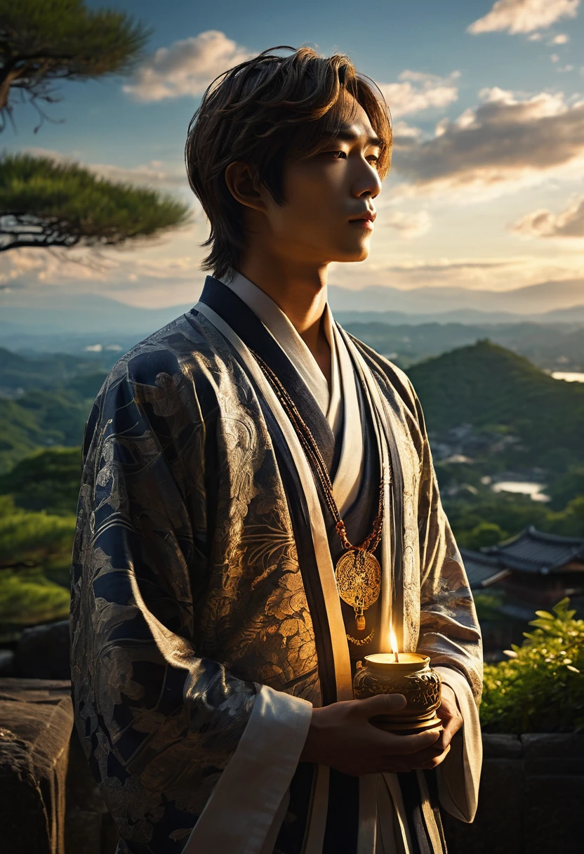 Genius idol male Akechi stands once again at the ancient shrine, now bathed in the warm light of a setting sun. He holds the amulet close to his chest, a look of gratitude and peace on his face. The shrine and surrounding landscape are serene, with gentle rays of sunlight breaking through the clouds, symbolizing a new beginning. The composition captures both Takeru's growth and the tranquil beauty of his village restored to peace, intricate details High Quality, 8k, Realistic, Ultra-Detailed, Dramatic Lighting, Soft Focus, Digital Illustration, Intense Expression, Strong Gaze, Intense Emotion, Complex Mechanics, Advanced Technology, Dark Background, Cinematic, High Contrast, Moody, Strict, Atmosphere, (Best Quality, 4k, 8k, High Definition, Masterpiece: 1. 2 ), ultra-detailed, (realistic, graphic, photorealistic:1.37) --no glass