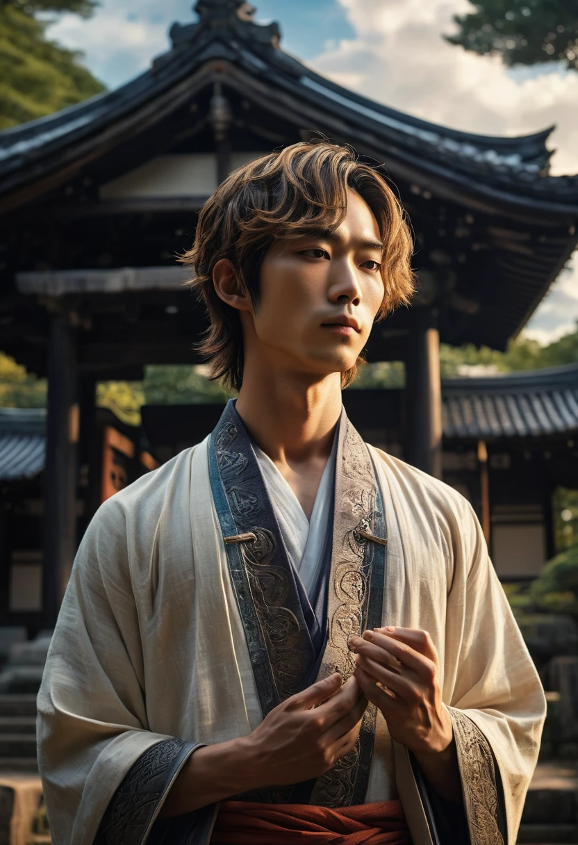 Genius idol male Akechi stands once again at the ancient shrine, now bathed in the warm light of a setting sun. He holds the amulet close to his , a look of gratitude and peace on his face. The shrine and surrounding landscape are serene, with gentle rays of sunlight breaking through the clouds, symbolizing a new beginning. The composition captures both Takeru's growth and the tranquil beauty of his village restored to peace, intricate details High Quality, 8k, Realistic, Ultra-Detailed, Dramatic Lighting, Soft Focus, Digital Illustration, Intense Expression, Strong Gaze, Intense Emotion, Complex Mechanics, Advanced Technology, Dark Background, Cinematic, High Contrast, Moody, Strict, Atmosphere, (Best Quality, 4k, 8k, High Definition, Masterpiece: 1. 2 ), ultra-detailed, (realistic, graphic, photorealistic:1.37) --no glass