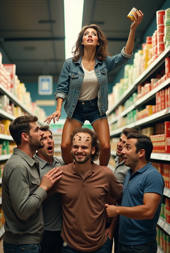 A women using men as a stepstool to get an item from the top shelf in supermarket