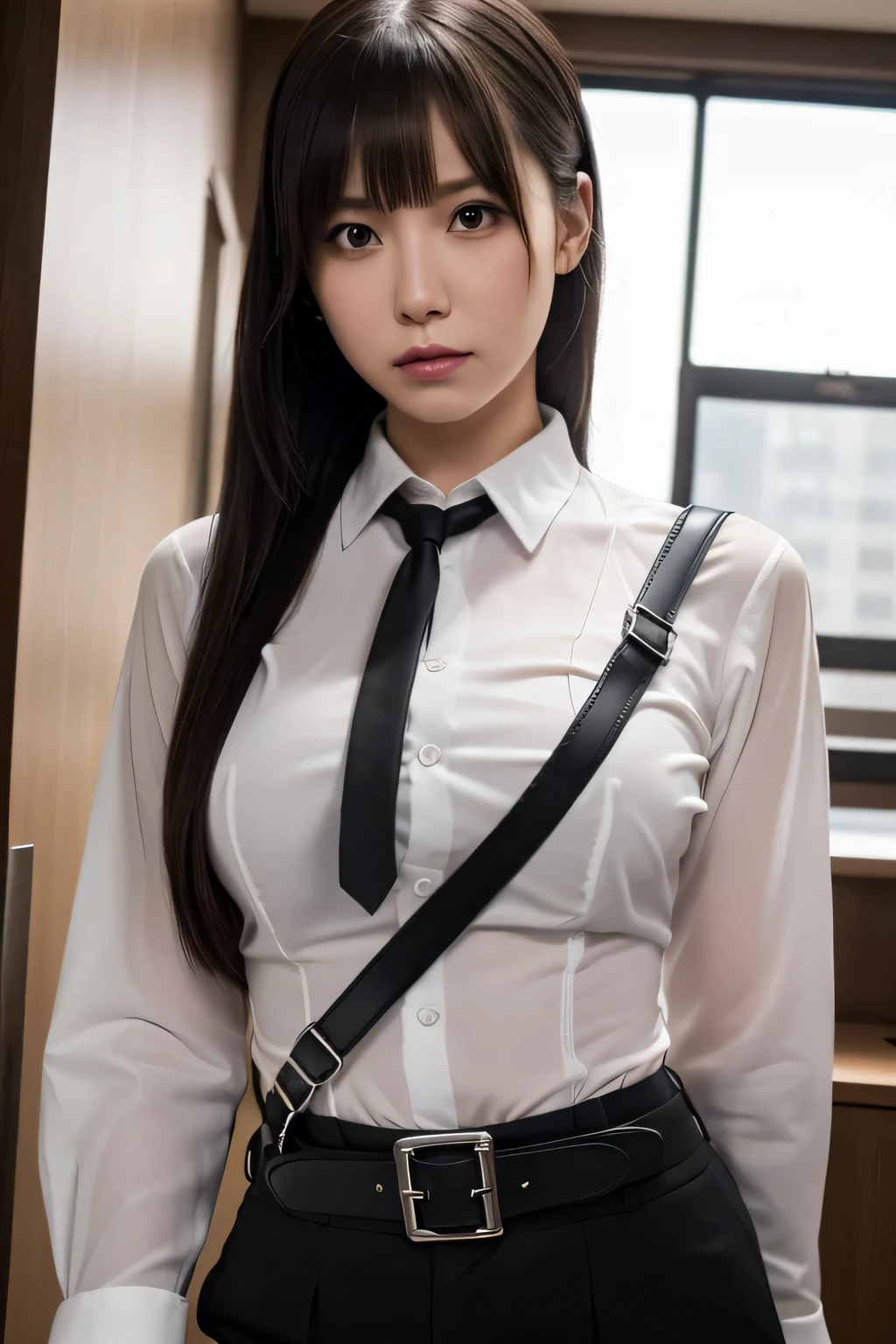 a woman in a suit, belt, hands behind back, sweating, suspenders, black pants, sexly, large breasts, see-through clothing, rain, detective, office worker, white button-up shirt, (best quality,4K,8k,highres,masterpiece:1.2),ultra-detailed,(realistic,photorealistic,photo-realistic:1.37),hyper-detailed,highly detailed face and body, Slender thin suspenders Moderate breasts See-through shirt Nipples holster chain Pistol Armament criminal Female criminal knife