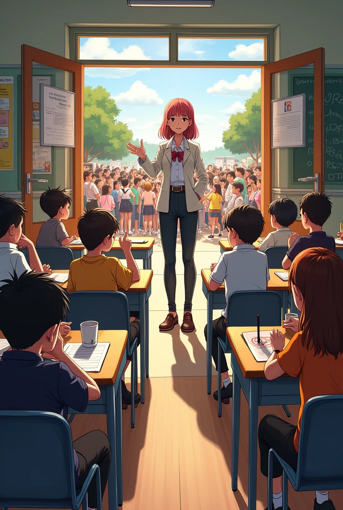 a classroom with students and a teacher teaching class Infront of the students, with open door and on the outside you can see other students standing and talking loud