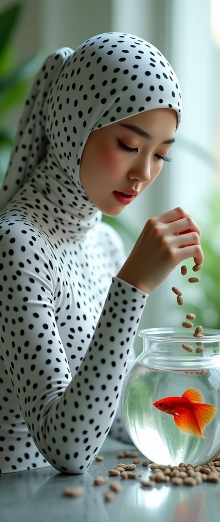 the beautiful,slender thin and prettiest Malaysian muslimah adult girl with beautiful cheeks wears white colour leopard print lycra turtleneck unitard catsuit covered with black seamless spots and always wear white leopard colour print lycra elastane stretchy dance wear hijab covered with white leopard seamless spots.She feeds her betta in the fish bowl with fish pellets.