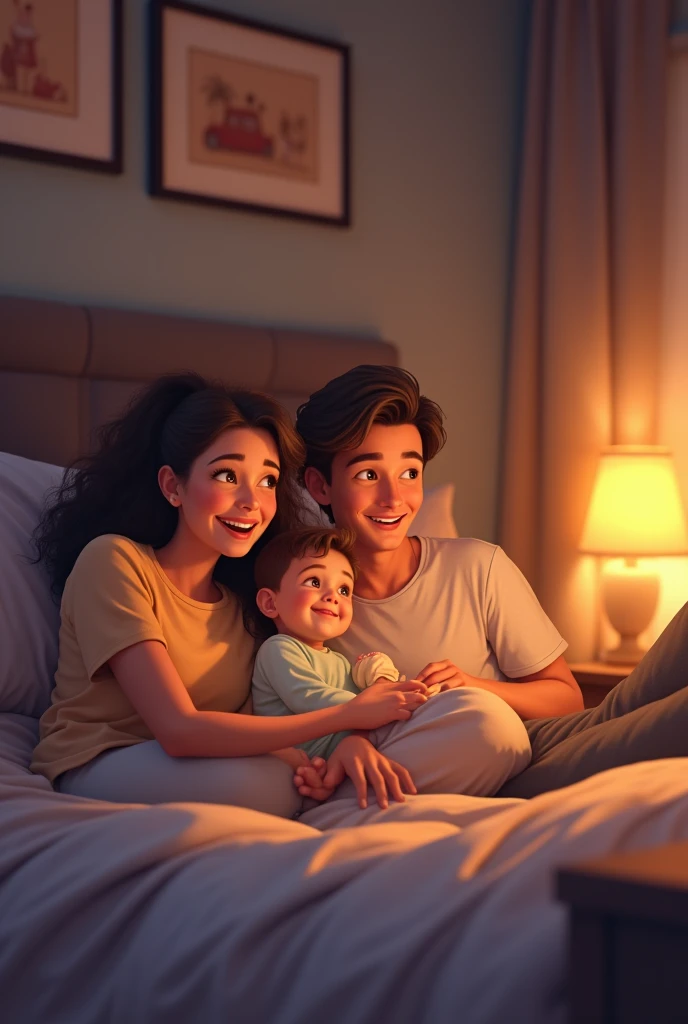 Family lying in bed happily watching television 