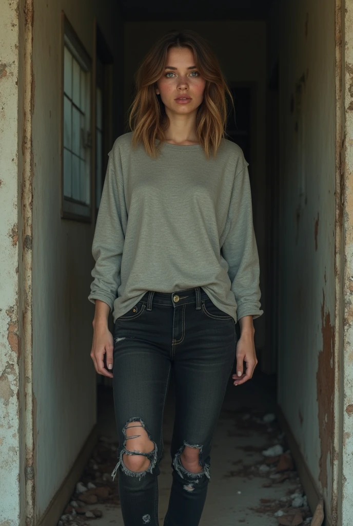 A young woman in her twenties, Caucasian with shoulder-length, slightly wavy brown hair, is in an extremely dilapidated apartment. She is dressed in worn clothes: a faded light gray sweater and damaged black pants, with holes in the knees. His hair is messy, and his appearance reflects fatigue and financial difficulties.