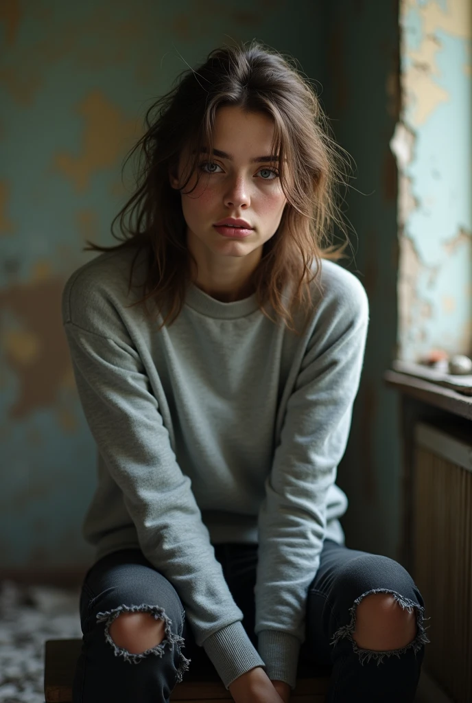 A young woman in her twenties, Caucasian with shoulder-length, slightly wavy brown hair, is in an extremely dilapidated apartment. She is dressed in worn clothes: a faded light gray sweater and damaged black pants, with holes in the knees. His hair is messy, and his appearance reflects fatigue and financial difficulties.