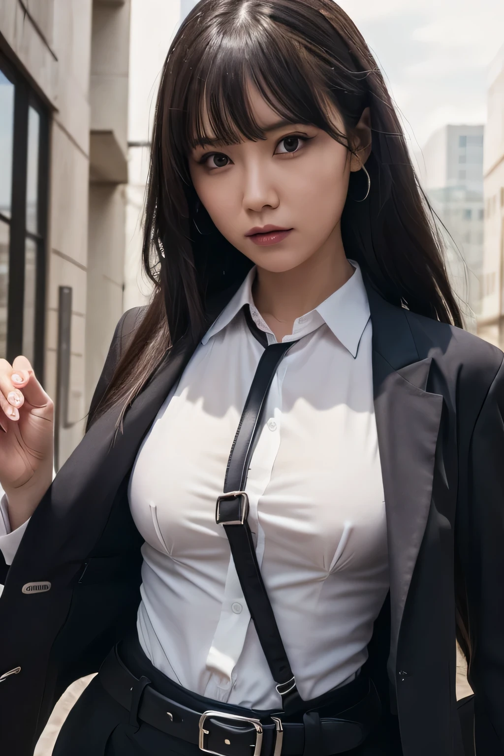 a woman in a suit, belt, hands behind back, sweating, suspenders, black pants, sexly, large breasts, see-through clothing, rain, detective, office worker, white button-up shirt, (best quality,4K,8k,highres,masterpiece:1.2),ultra-detailed,(realistic,photorealistic,photo-realistic:1.37),hyper-detailed,highly detailed face and body, Slender thin suspenders Moderate breasts See-through shirt Nipples holster chain Pistol Armament criminal Female criminal knife