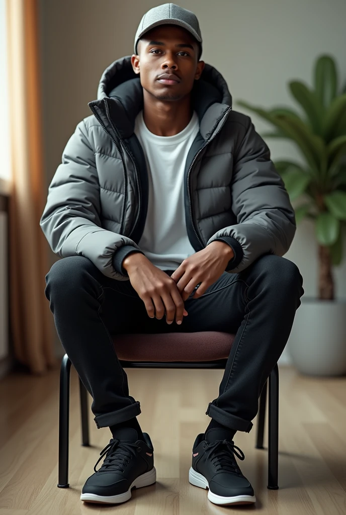 best qualityer:1.4), (ultra high resolution:1.2), (photorrealistic:1.4), (8k, CRU photo:1.2), 1 young black man, 20 years old. he is wearing a white shirt, gray puffer coat on top. He is wearing black jeans. Corte de cabelo buzzcut. He&#39;s wearing a gray cap backwards. He&#39;s wearing black sneakers. is sitting in a chair. Corte de cabelo buzzcut. thin build. It&#39;s not blurry in the background. thin build. thin build. has 1.75 tall. There is a sun . best qualityer:1.4), (ultra high resolution:1.2), (photorrealistic:1.4), (8k, CRU photo:1.2), 1.75 tall. 