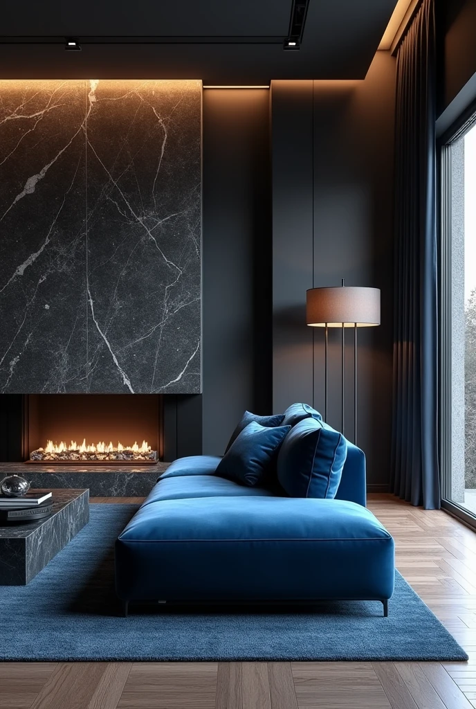 Professional 3d architecture rendering design of modern living room with dark gray and so dark vintage blue floranca velvet sofa set and medium flouting dark gray marble fireplace and brown laminate and elegant and modern accessories and modern windows and black slab stone middle table and elegant ceiling lighting and so dark blue elegant carpet