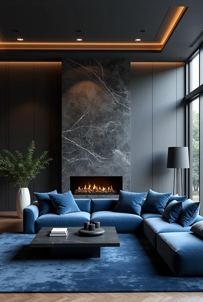 Professional 3d architecture rendering design of modern  living room with dark  gray   and  so dark vintage blue floranca velvet sofa  set and medium  flouting  dark gray marble fireplace and brown laminate and elegant and modern accessories and modern windows and black slab stone middle table and elegant ceiling lighting and so dark blue elegant carpet 