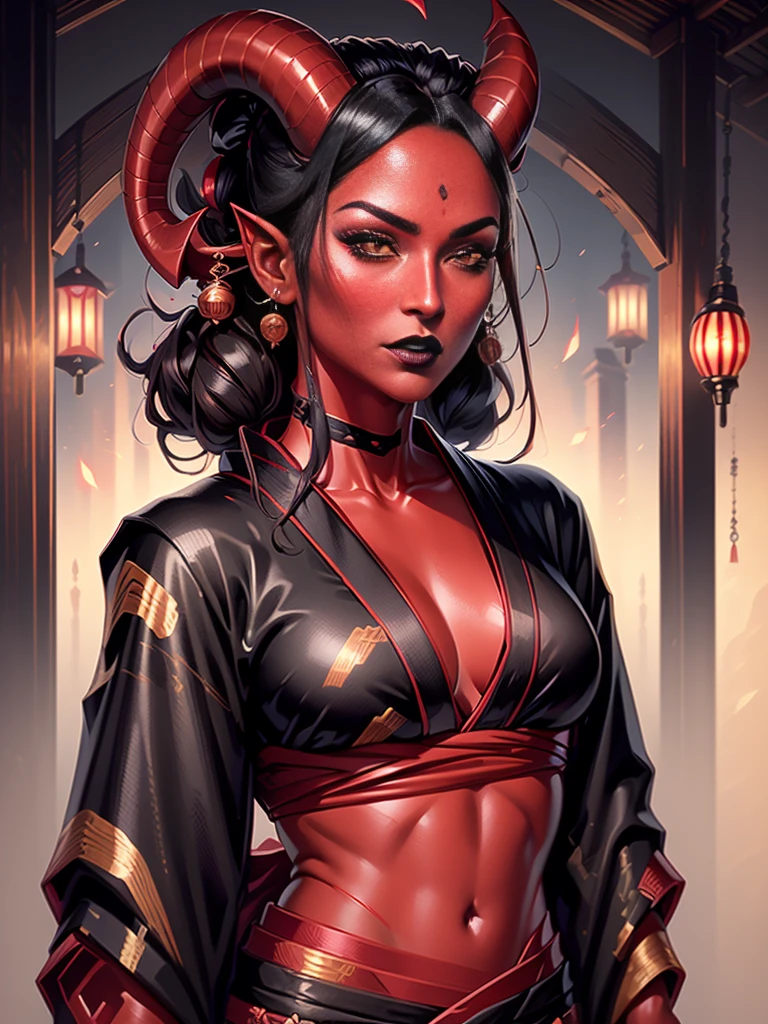 1girl, female, solo, tiefling, ((red skin, red colored skin, deep red skin)), Woman, jewelery, ear piercings, (straight black horns, black oni horns), black hair, long hair, yellow eyes, black lips, choker, goth, horn ornament, armour, ((master piece, best quality)), horns, pointed ears, make-up, black lipstick, (face detailed), face focus, portrait, fully body, (kimono:1.2), wearing black kimono, long flowing kimono, natural breasts, medium breasts, (red skin)