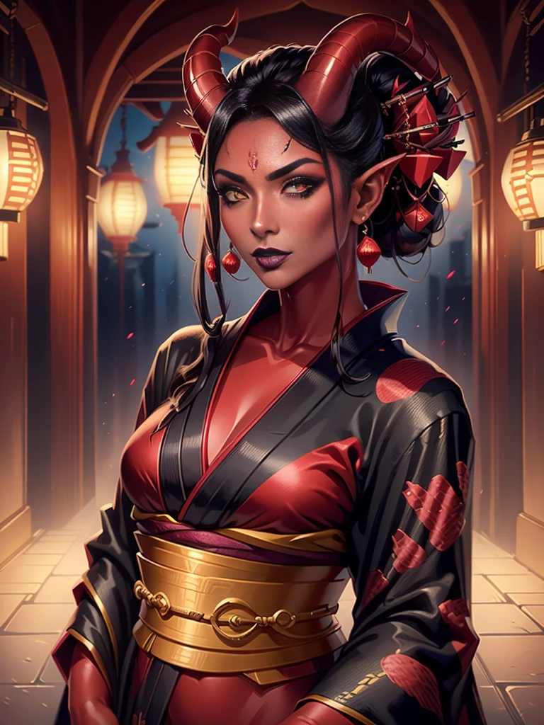 1girl, female, solo, tiefling, ((red skin, red colored skin, deep red skin)), Woman, jewelery, ear piercings, (straight black horns, black oni horns), black hair, long hair, yellow eyes, black lips, choker, goth, horn ornament, armour, ((master piece, best quality)), horns, pointed ears, make-up, black lipstick, (face detailed), face focus, portrait, fully body, (kimono:1.2), wearing black kimono, long flowing kimono, natural breasts, medium breasts, (red skin)