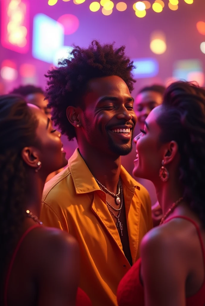A young black man and a crown smiling with several girls in love with him wanting to kiss him at a fresh princes party