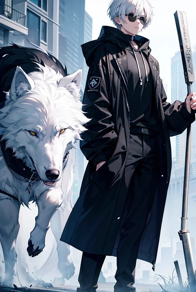 A young man with short white hair, wearing a black hoodie and tinted glasses, standing next to a large white wolf.
