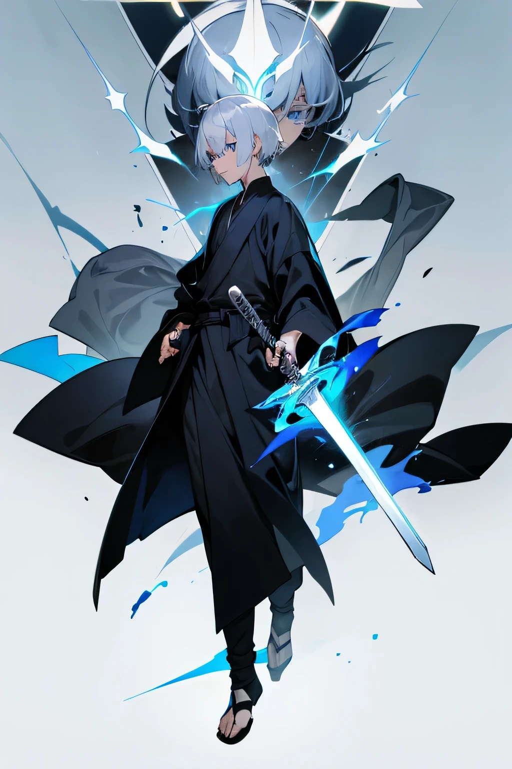 1man, silver hair, blue eyes, short hair, black robe, have a sword, full body