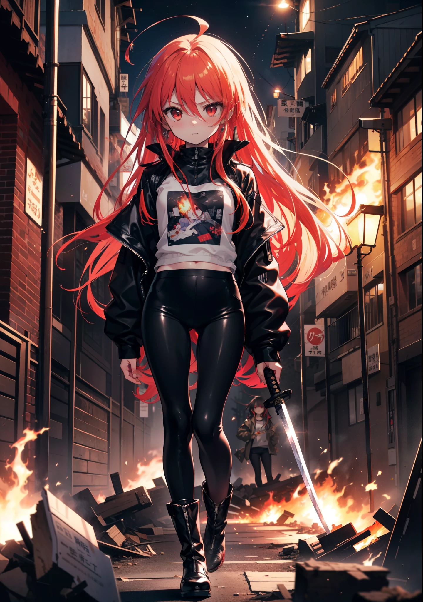 Shana,灼眼のShana,Long Hair, Redhead, Red eyes, Ahoge,Small breasts,Serious face,Black rider jacket,black t-shirts,Leather pants,boots,rubble,The town is collapsing,Explosive flame,A long Japanese sword engulfed in flames:One is stuck in the ground,night,moonlight,Are standing,whole bodyがイラストに入るように,　　　　　　　　　　　　　break outdoors, construction area,　　　　　　　　　　　　　　　break looking at viewer, whole body, 　　　　　　　　break (masterpiece:1.2), Highest quality, High resolution, unity 8k wallpaper, (shape:0.8), (Beautiful attention to detail:1.6), Highly detailed face, Perfect lighting, Highly detailed CG, (Perfect hands, Perfect Anatomy),