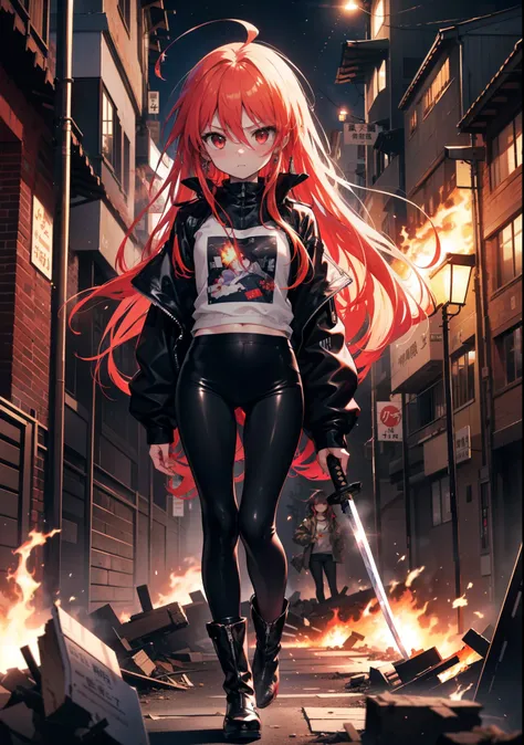 shana,灼眼のshana,long hair, redhead, red eyes, ahoge,small breasts,serious face,black rider jacket,black t-shirts,leather pants,bo...