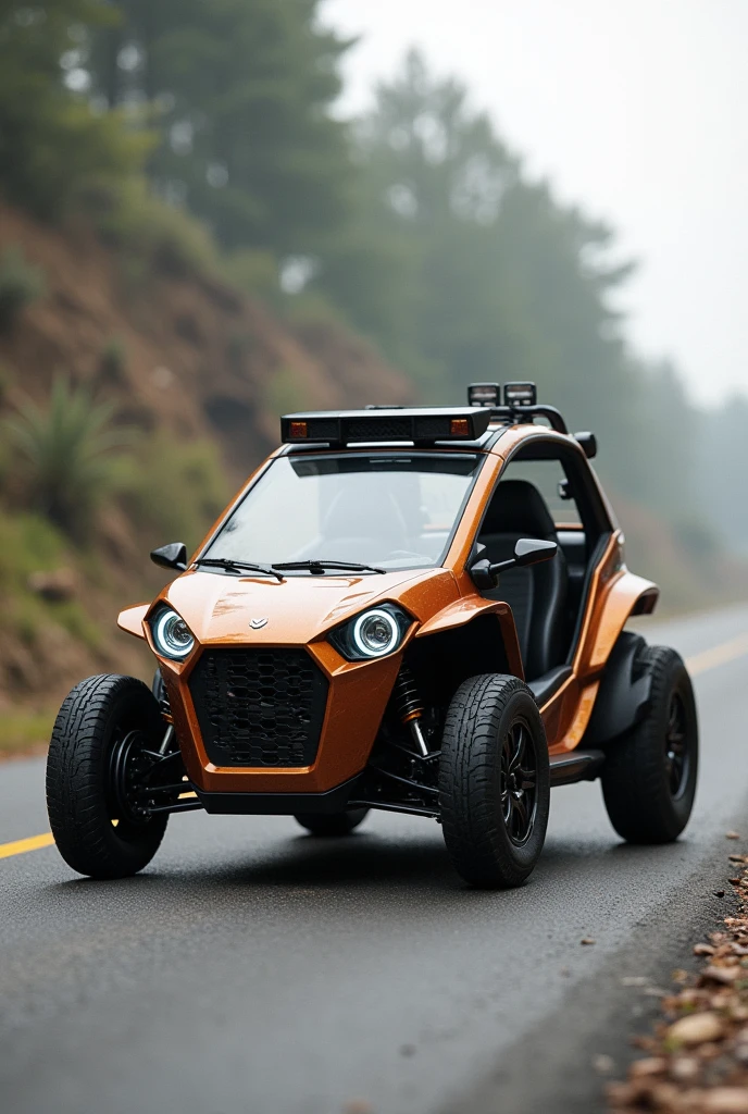 Three weel vehicle 2 in front 1 in back and look like buggy with ac and 3 passenger