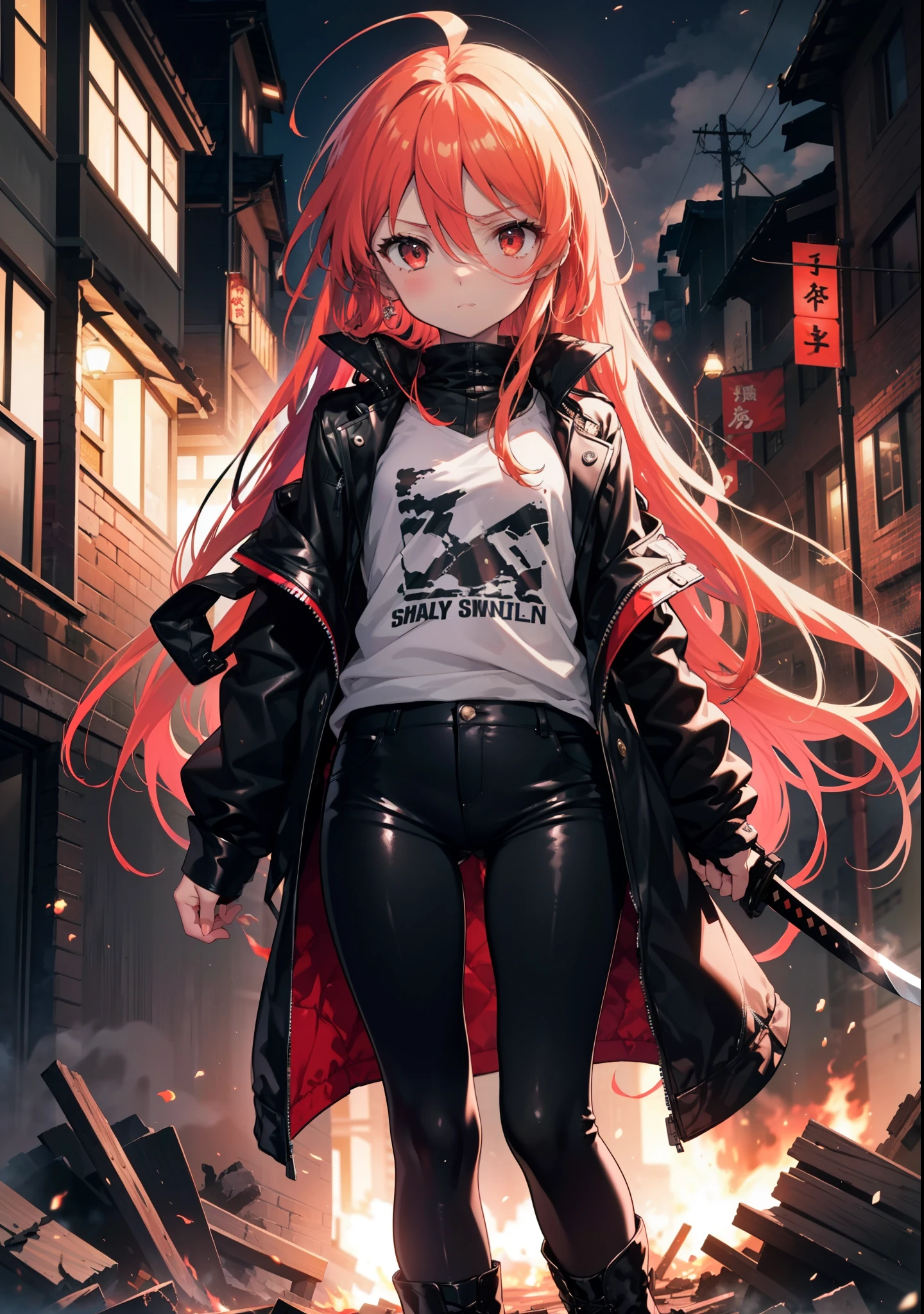 Shana,灼眼のShana,Long Hair, Redhead, Red eyes, Ahoge,Small breasts,Serious face,Black rider jacket,black t-shirts,Leather pants,boots,rubble,The town is collapsing,Explosive flame,A long Japanese sword engulfed in flames:One is stuck in the ground,night,moonlight,Are standing,whole bodyがイラストに入るように, break outdoors, construction area, break looking at viewer, whole body, break (masterpiece:1.2), Highest quality, High resolution, unity 8k wallpaper, (shape:0.8), (Beautiful attention to detail:1.6), Highly detailed face, Perfect lighting, Highly detailed CG, (Perfect hands, Perfect Anatomy),