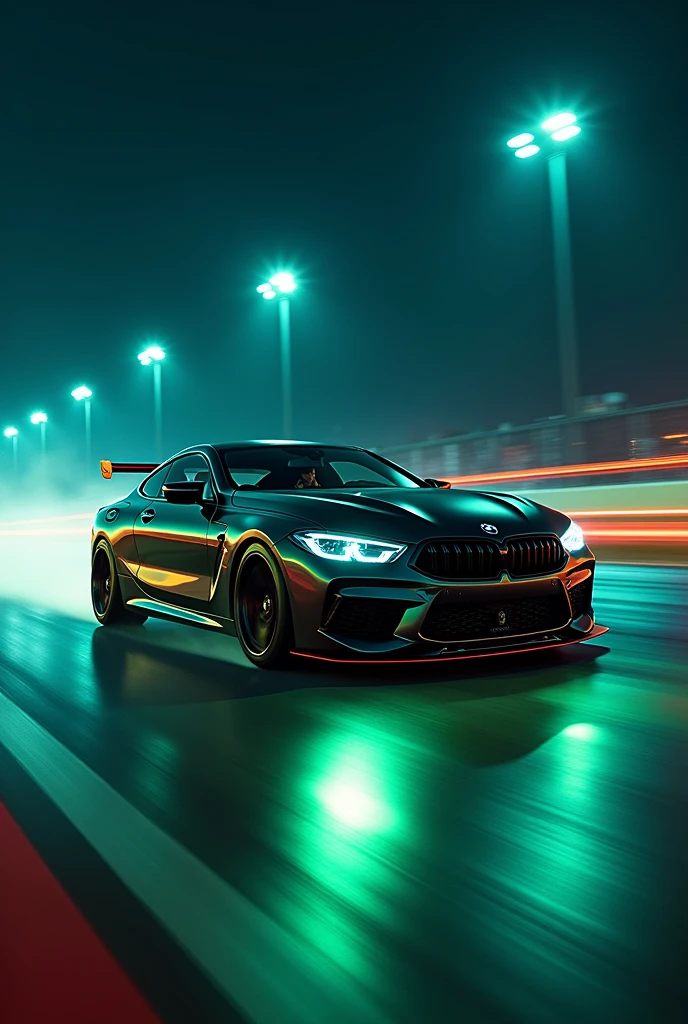 A BMW M8 Competition series on race track at the night with neon punk yellow and green light in 1080p for wallpaper