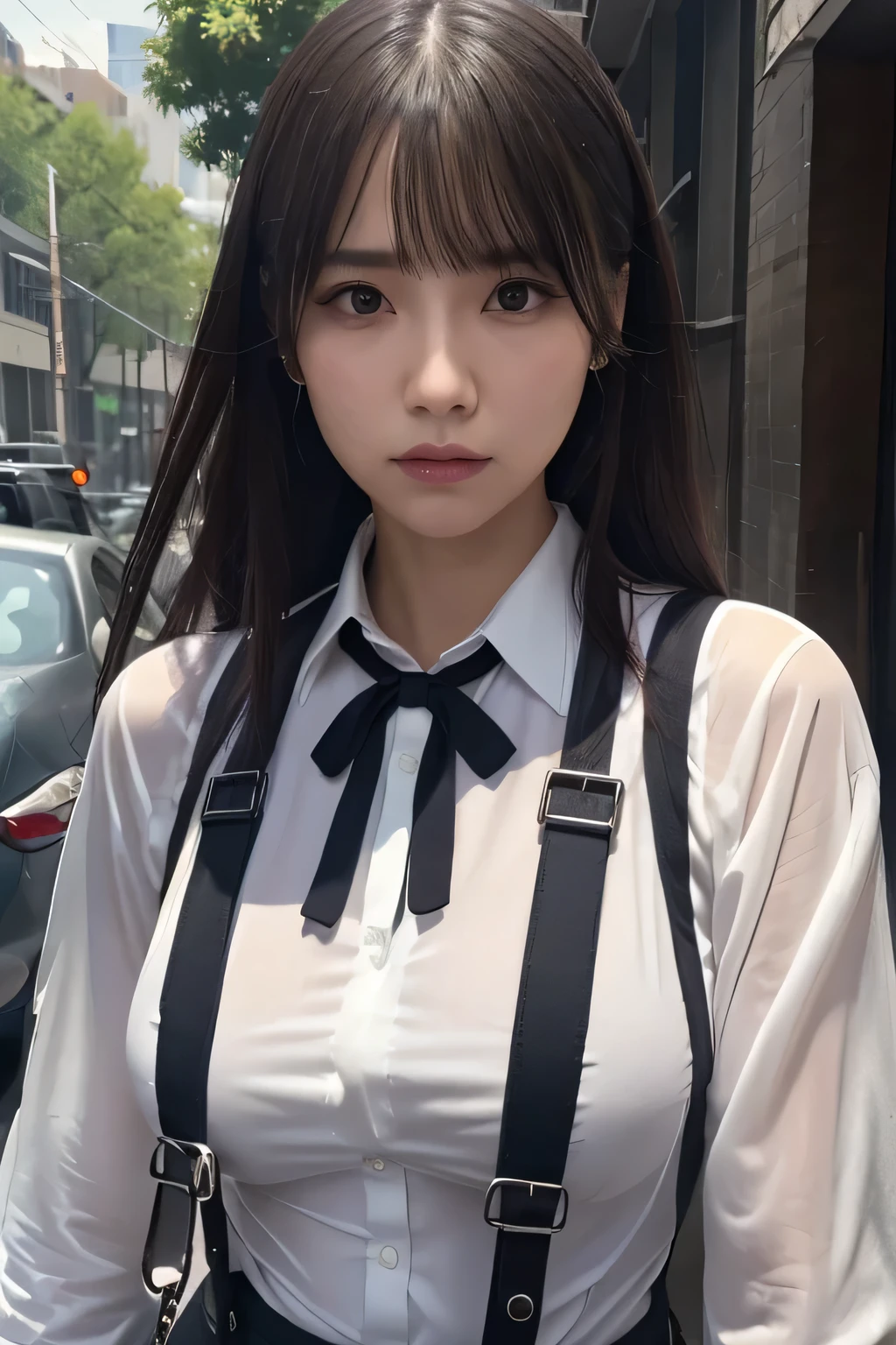a woman in a suit, belt, hands behind back, sweating, suspenders, black pants, sexly, large breasts, see-through clothing, rain, detective, office worker, white button-up shirt, (best quality,4K,8k,highres,masterpiece:1.2),ultra-detailed,(realistic,photorealistic,photo-realistic:1.37),hyper-detailed,highly detailed face and body, Slender thin suspenders Moderate breasts See-through shirt Nipples holster chain Pistol Armament criminal Female criminal knife
