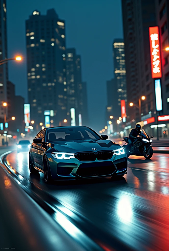 Bmw M5 competition with Kawasaki bike in night ride