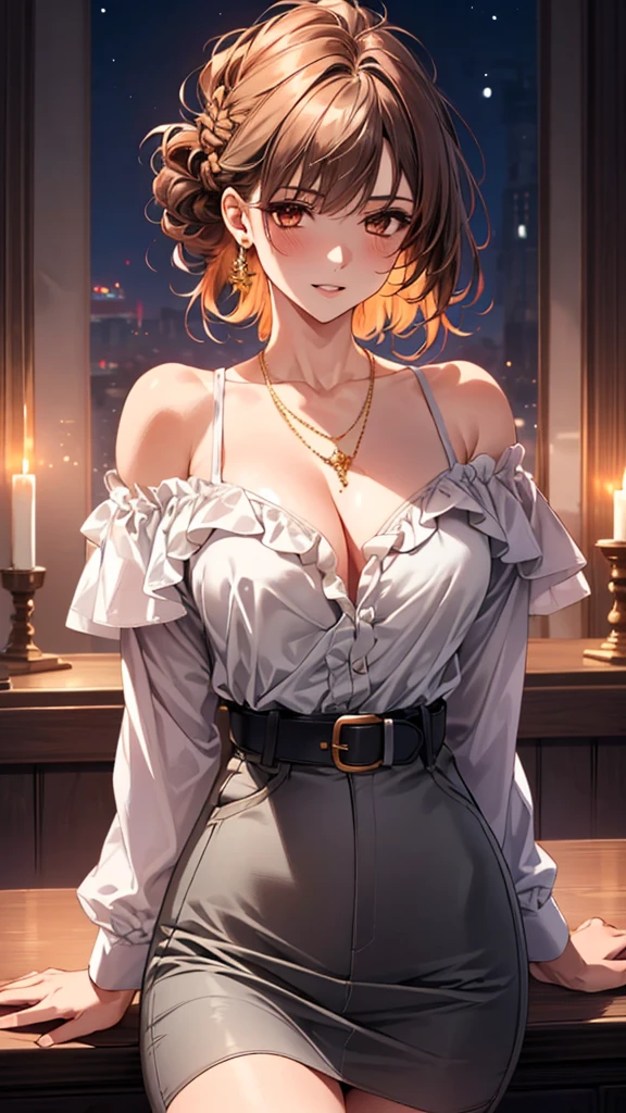 (masterpiece:1.3, top-quality), ultra high res, ultra detailed, (realistic, photorealistic:1.4), beautiful illustration, perfect lighting, colorful, depth of fields,
looking at viewer, (face focus, upper body), 1 girl, solo, hight school girl, gravure model, (large breasts:0.8, large ass, seductive thighs, skindentation),
(middle hair:1.2, half updo:1.2), light brown hair, bangs, braided bangs, gold eyes, drooping eyes, parted lips, shiny skin,
beautiful hair, beautiful face, extremely detailed face, beautiful detailed eyes, beautiful clavicle, beautiful body, beautiful chest, beautiful thigh, beautiful legs, beautiful fingers,
(detailed cloth texture, orange tops, (long sleeve ruffled off-shoulder shirt, high waist gray tight skirt, belt)), garnet necklace,
(beautiful scenery), night, (tavern, modern), standing, (seductive-smile),