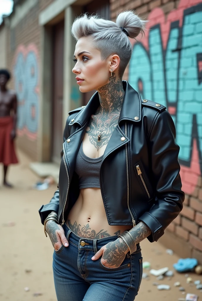 russian milf woman, grey hair (high pouf, shaved sides, bun), with very light blue eyes, extremely pale skin. All neck tattooed. All stomach tattoed. All chest tattooed.All hands tattooed.Wearing aged black moto jacket with lots of zippers and pins, flipped up collar. Cropped dark grey t-shirt with rock band logo. Dark blue skinny low rise jeans.. wide black studded belt. Leaning back on a graffitied brick wall with hands in pockets, chin up, stretching her neck , humble facial expression.. Listening with tilted head, looking up to somebody more clever speaking to her. Well toned abdominals, thin neck, slim legs and thin arms. Narrow hips. Dirt street in Kenyan village full of waste. Lots of silver bracelets. A lot of tanned fat women in traditional dresses around looking down at her