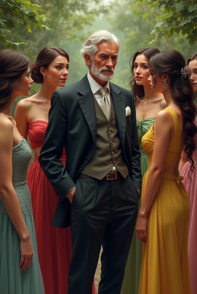 A old rich man sitting with seven beautiful ladies on floor (masterpiece) (best quality)