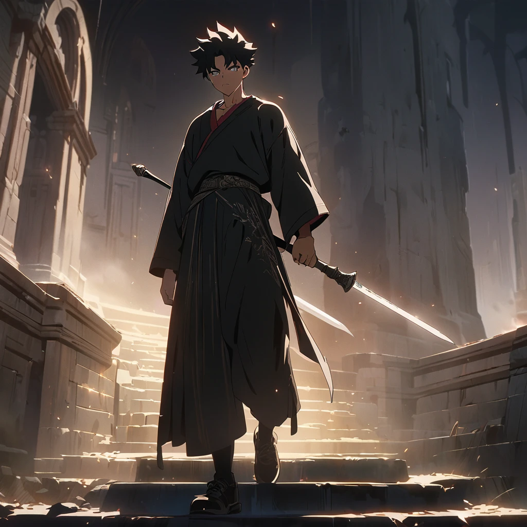 solo boy,teenagers,red spiked hair,full body,background like the one written in ink,He holds the hilt of the sword on his waist and steps on one foot.,anime style,masterpiece,best quality,ultra-detailed, illustration, detailed light,an extremely delicate and beautiful,