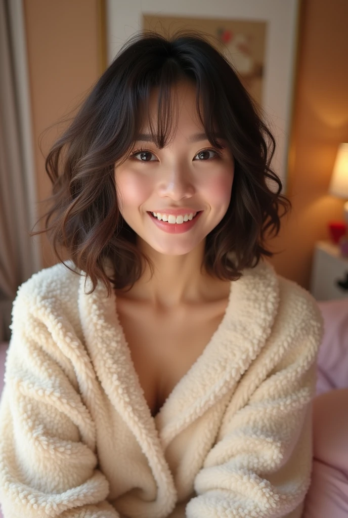 1, bob hairstyle, self-taken photo, in the room, fluffy loungewear, cute