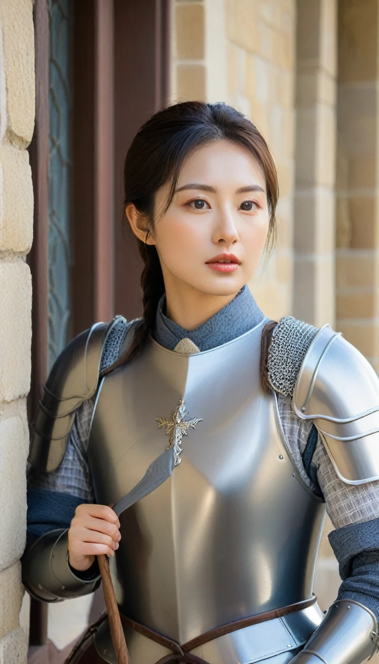 Close-up photo of a beautiful Korean woman, Bust size 34 inches, Wearing the armor of a crusader, Standing holding a spear at the castle window, UHD