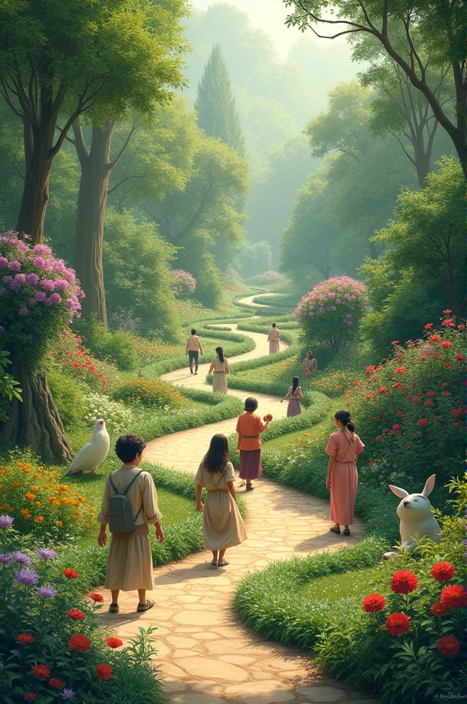 The flourishing garden symbolizing spiritual growth, with people visiting and reflecting.
Details: The garden as a place of inspiration, with visitors engaging in contemplation or simple acts of kindness.