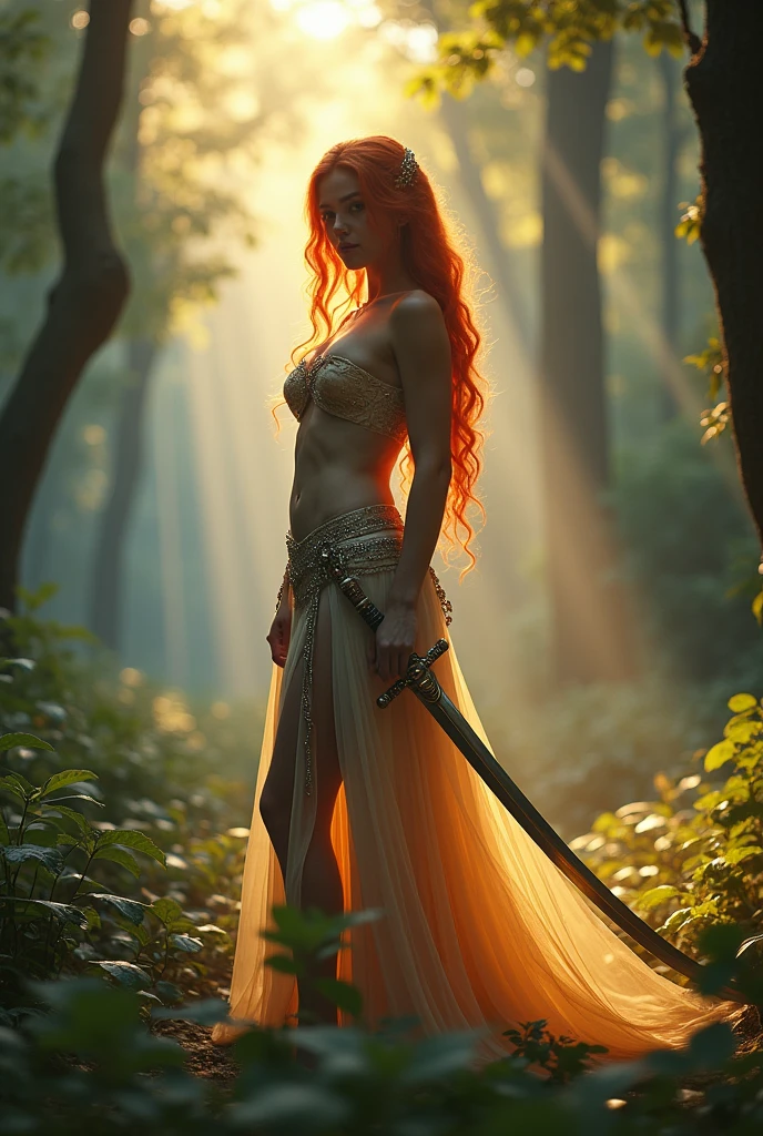 A serene and mystical forest, replete with ancient trees and soft, emerald undergrowth, serves as the backdrop for a captivating scene. A powerful warrior, curves accentuated by a strapless, very short sexy gown adorned with intricate, metallic accents, stands resolute. Her porcelain skin glistens in the warm, golden light of a soft-box setup, illuminating her defined features and fiery red locks, which cascade down her back like a falling river of flame. Her sensuous lips curve into a subtle, triumphant smile, as she grasps a gleaming, curved sword in her right hand. The garment's V-neckline plunges, revealing a hint of toned shoulders. The surrounding foliage seems to glow, infused with an ethereal, soft-blue hue, courtesy of a subtle, color grading process. A warm, daylight film stock, with a subtle, organic film grain, lends an air of cinematic authenticity to the scene. The lens, with a subtle, " Personality" attachment, captures the curves and texture of the forest surroundings, imbuing the scene with visual depth and dimensionality. The atmosphere is tranquil, with the sound design subtly incorporating the soft rustling of leaves and distant, mystical chanting. In the distance, a faint, crescent moon hangs low in the sky, casting an additional, soft glow over the environment.