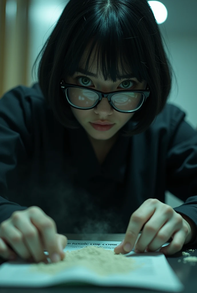 A European girl who works in the forensic science department, who examines a crime scene, this girl is wearing a black shirt with black rectangular glasses black bob haircut green eyes