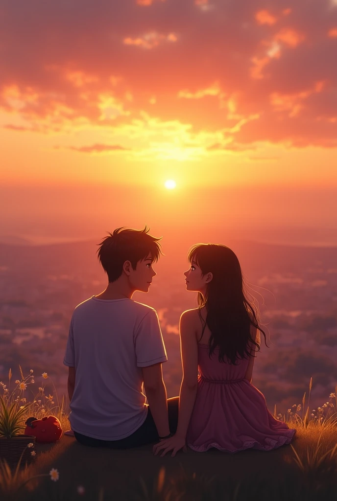 Boyfriend and girlfriend sitting watching Sunset