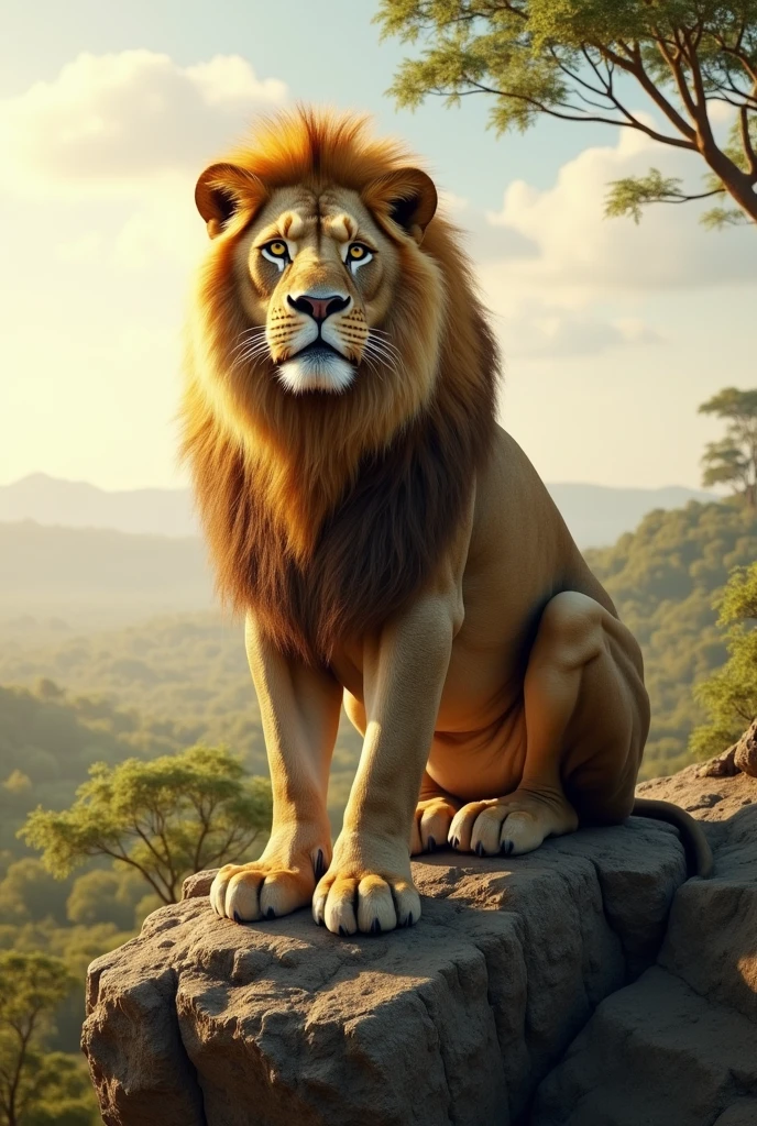 The majestic lion, the king of the jungle, sitting on a large rock, looking stern and powerful.