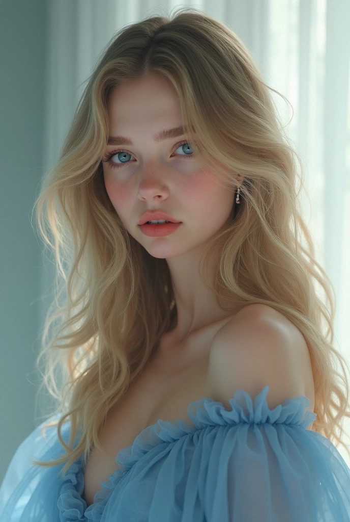Girl with blue-grey eyes, wavy blonde hair. She wear blue