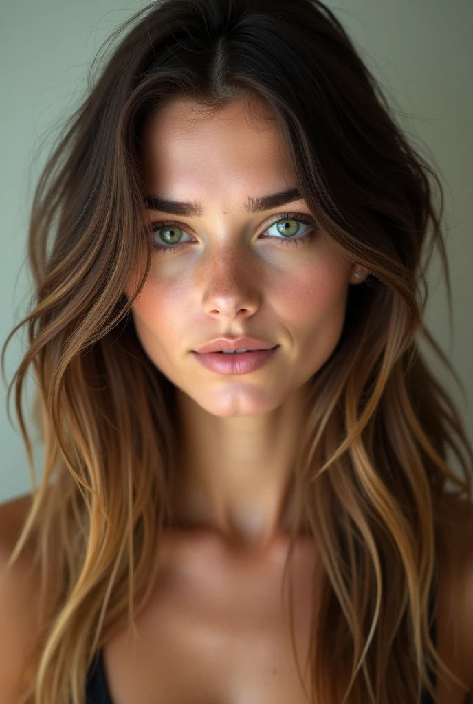 long dark hair sun-bleached a lighter brown at the tips, the pale white skin with green eye
More american looking a little younger