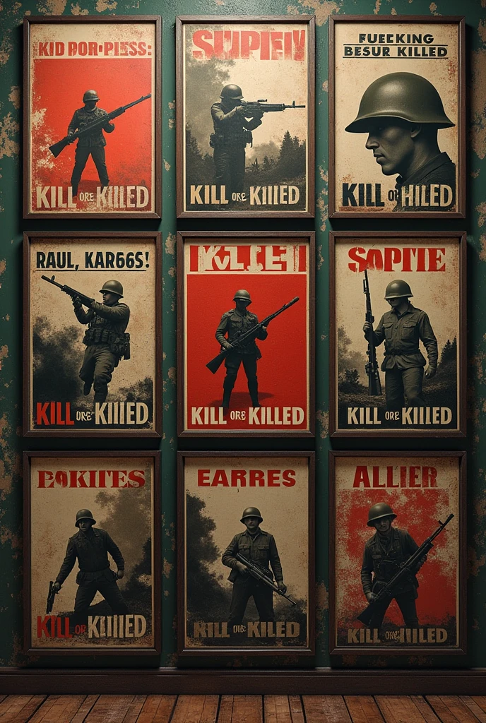 Create a background image with several different war propaganda posters with "kill or be killed"