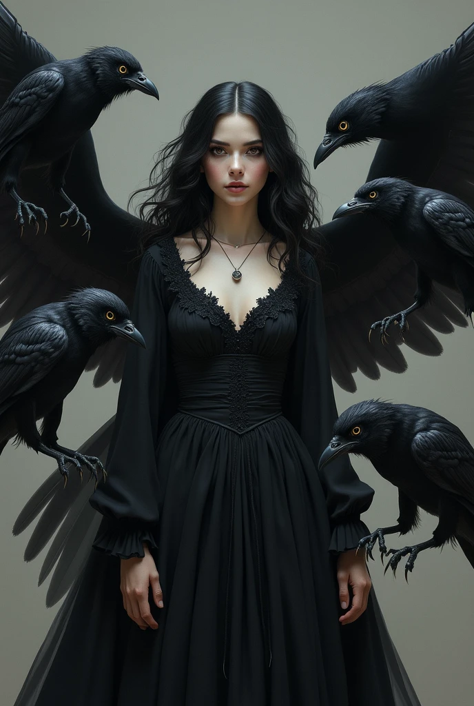 draw for me a portrait of a very beautiful woman with long black hair and dark eyes. the woman wears a long black dress. The dress is medieval in style, with long sleeves and a draped neckline. clothing is fully enclosed. around her are 5 black crows and 5 moon owls. It is as if she rules over them