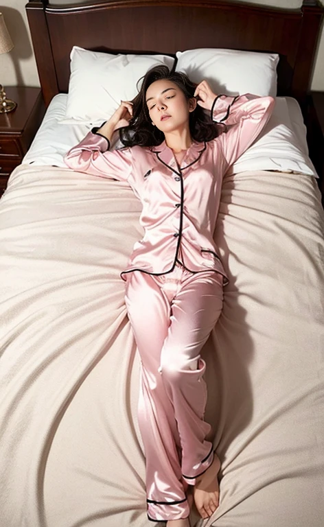 (((CareFully drawn limbs and body with perFect anatomy))),Hands Facing backwards are not allowed.,(((Ulzan 6500))),dynamic portraits,Even catch the light in the eyes,(((A big one, FluFFy bed in an American-style bedroom oF about 10 tatami mats, equipped with luxury Furniture.))),Right hand as pillow,Lying in bed sleepily,(((She looks so cute sleeping in her silk pajamas with her eyes closed))),Top-view 4K Full-body shooting,Like a scene From a movie,University Teachers'Don't Miss a Photo Opportunity,The curves oF the proud Coke bottle body are magniFicent,Stunning splendor and elegance,An elegant gesture that pays careFul attention to even the subject's Fingertips,Accented with light and shadow contrast particle eFFects,The style oF the photo resembles a Fantasy watercolor painting.,Emphasis on Fluidity and beauty,Camera parameters: Nikon Z6,F/1.4 apertures,ISO320,Shutter Speed 1/500,8K highest quality,