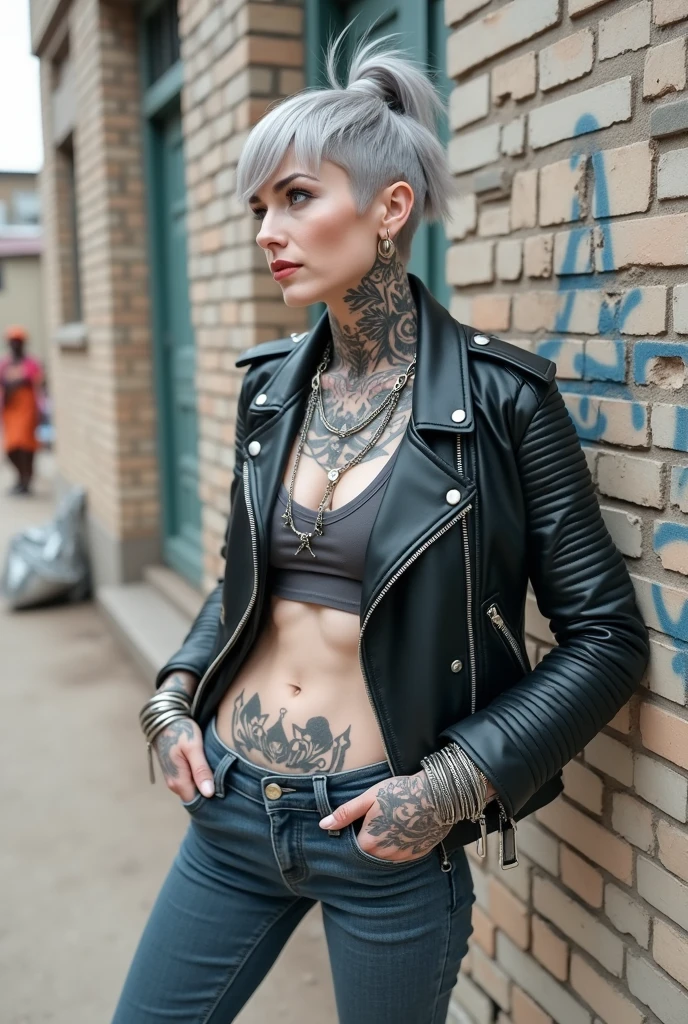 russian milf woman, grey hair (high pouf, shaved sides, bun), with very light blue eyes, extremely pale skin. All neck tattooed. All stomach tattoed. All chest tattooed.All hands tattooed.Wearing aged black moto jacket with lots of zippers and pins, flipped up collar. Cropped dark grey t-shirt with rock band logo. Dark blue skinny low rise jeans.. wide black studded belt. Leaning back on a graffitied brick wall with hands in pockets, chin up, stretching her neck , humble facial expression.. Listening with tilted head, looking up to somebody more clever speaking to her. Well toned abdominals, thin neck, slim legs and thin arms. Narrow hips. Dirt street in Kenyan village full of waste. Lots of silver bracelets. A lot of tanned fat women in traditional dresses around looking down at her